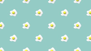 Desen. Pastel yeşil arka planda tavuk yumurtası resmi. Yuvarlak yumurta sarısı. Yüzey örtüsü deseni. Yatay görüntü. Bölgeye yerleştirme pankartı. 3 boyutlu görüntü. 3B görüntüleme.
