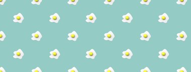 Desen. Pastel yeşil arka planda tavuk yumurtası resmi. Yuvarlak yumurta sarısı. Yüzey örtüsü deseni. Yatay görüntü. Bölgeye yerleştirme pankartı. 3 boyutlu görüntü. 3B görüntüleme.