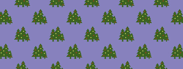 шаблон. Изображение зеленых елок с шариками на пастельно-голубом фиолетовом фоне. Символ Нового года и Рождества. шаблон для наложения на поверхность. Горизонтальное изображение. 3d image. 3d-рендеринг