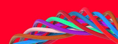 Abstract image. Elements of different colors form a spiral. Multicolored spiral. Horizontal image. Banner for insertion into site. 3D image. 3D rendering.