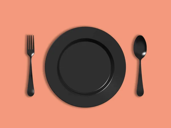 粉红底色上的黑色碗 盘子旁边是一把灰色的刀叉 表项目 横向图像 3D图像 3D渲染 — 图库照片