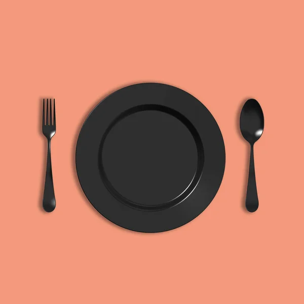 粉红底色上的黑色碗 盘子旁边是一把灰色的刀叉 表项目 正方形图像 3D图像 3D渲染 — 图库照片