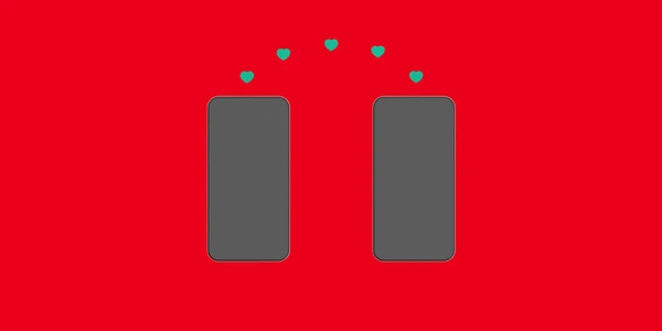 友人同士で共有するのが好き 赤い背景の2つのスマートフォン ハートはガジェットから別のガジェットに転送されます 社会的ネットワークにおけるコミュニケーション 水平画像 3D画像 3Dレンダリング — ストック写真