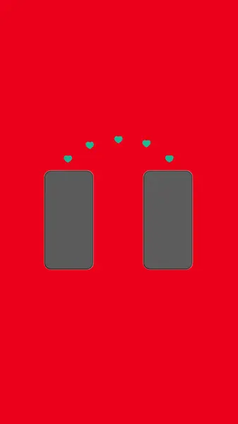 友人同士で共有するのが好き 赤い背景の2つのスマートフォン ハートはガジェットから別のガジェットに転送されます 社会的ネットワークにおけるコミュニケーション 縦の画像 3D画像 3Dレンダリング — ストック写真