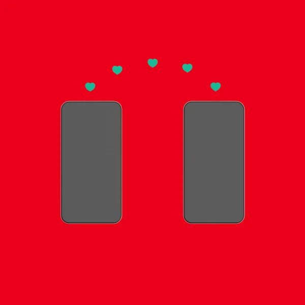 友人同士で共有するのが好き 赤い背景の2つのスマートフォン ハートはガジェットから別のガジェットに転送されます 社会的ネットワークにおけるコミュニケーション 正方形の画像 3D画像 3Dレンダリング — ストック写真
