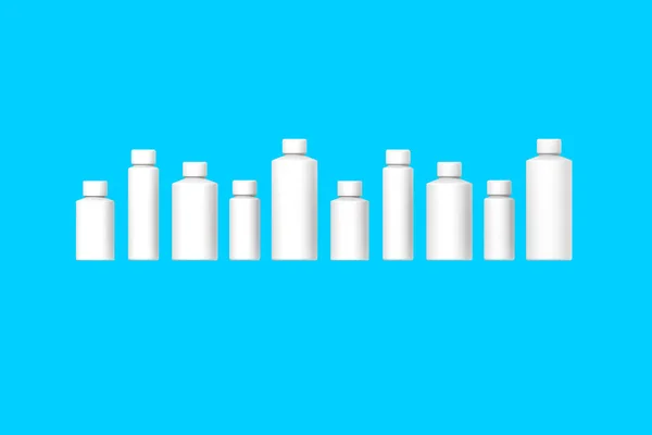 青い背景に隔離された白い化粧品ボトル 化粧品の包装 化粧品用の容器10個 水平画像 3D画像 3D可視化 — ストック写真