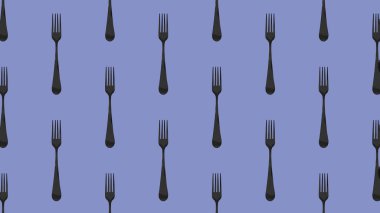 Desen. Pastel mavi arkaplanda çatal üst görünümü. Yüzeye başvurmak için şablon. Yatay görüntü. Düz yatıyordu. 3 boyutlu görüntü. 3 boyutlu görüntüleme. Siteye eklenmek için pankart.