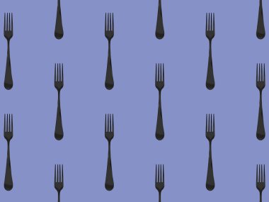 Desen. Pastel mavi arkaplanda çatal üst görünümü. Yüzeye başvurmak için şablon. Yatay görüntü. Düz yatıyordu. 3 boyutlu görüntü. 3B görüntüleme.