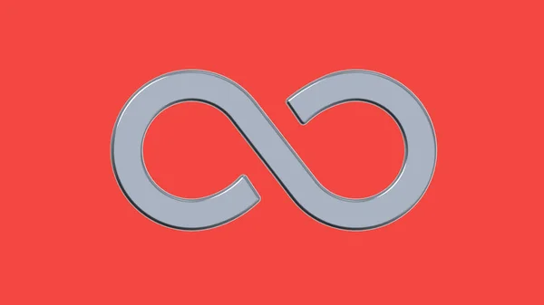 The sign of infinity is silver, isolated on a red background. Symbol of infinity. 3D image. 3D rendering. Horizontal image.