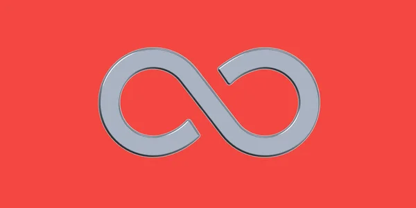 The sign of infinity is silver, isolated on a red background. Symbol of infinity. 3D image. 3D rendering. Horizontal image.