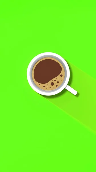 Fehér Csésze Kávé Zöld Háttérrel Hosszú Árnyék Csészétől Élénkítő Ital — Stock Fotó