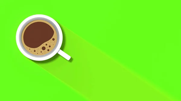 緑の背景に白いコーヒーカップ カップからの長い影 爽快な飲み物 水平方向の画像 3D画像 3Dレンダリング サイトへの挿入用バナー — ストック写真