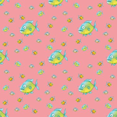 Kusursuz desen. Balıklarla dolu. Deniz ve nehir balığı. Kare resim.