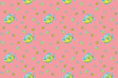 Desen. Balıklarla dolu. Deniz ve nehir balığı. Yatay resim.