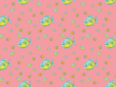 Desen. Balıklarla dolu. Deniz ve nehir balığı. Yatay resim.