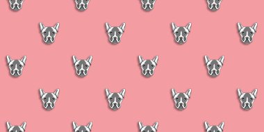 Bir köpek suretinde desen. Pastel mor arka plan. Yatay görüntü. Siteye eklenmek için pankart.