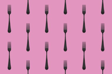 Desen. Pastel mor arkaplanda çatal üst görünümü. Yüzeye başvurmak için şablon. Yatay görüntü. Düz yatıyordu. 3 boyutlu görüntü. 3B görüntüleme.