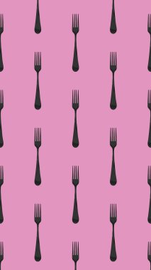 Desen. Pastel mor arkaplanda çatal üst görünümü. Yüzeye başvurmak için şablon. Dikey görüntü. Düz yatıyordu. 3 boyutlu görüntü. 3B görüntüleme.