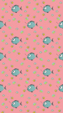 Desen. Balıklarla dolu. Deniz ve nehir balığı. Dikey resim.