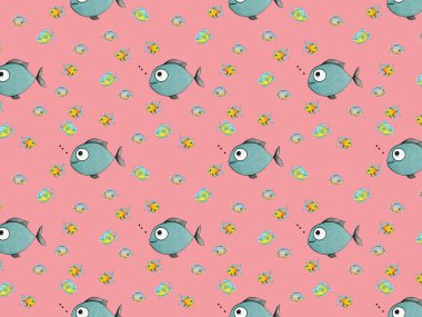 Desen. Balıklarla dolu. Deniz ve nehir balığı. Yatay resim.