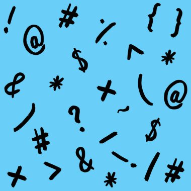 pattern with the image of keyboard symbols. Punctuation marks. Template for applying to the surface. pastel blue background. Square image