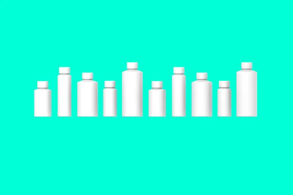 Białe Butelki Kosmetyczne Izolowane Zielonym Tle Pakowanie Kosmetyków Dziesięć Pojemników — Zdjęcie stockowe