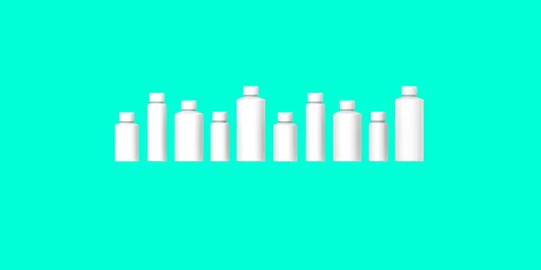 Białe Butelki Kosmetyczne Izolowane Zielonym Tle Pakowanie Kosmetyków Dziesięć Pojemników — Zdjęcie stockowe
