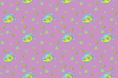 Desen. Balıklarla dolu. Deniz ve nehir balığı. Yatay resim.