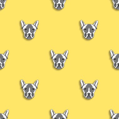 Kusursuz desenli bir köpek resmi. Sarı arka plan. Kare resim.