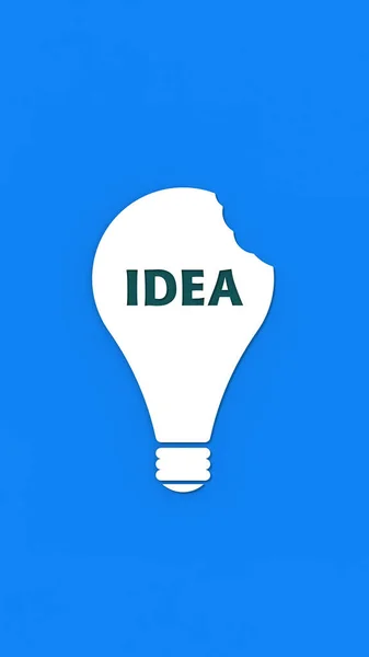 a white bitten light bulb with the inscription idea on a blue background. teeth marks stealing an idea. plagiarism. copying other people\'s works. Vertical image. 3D image. 3D rendering.