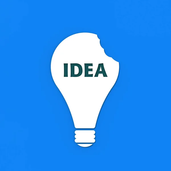 a white bitten light bulb with the inscription idea on a blue background. teeth marks stealing an idea. plagiarism. copying other people\'s works. Square image. 3D image. 3D rendering.