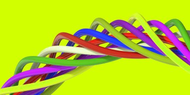 Abstract image. Elements of different colors form a spiral. Multicolored spiral. Horizontal image. 3D image. 3D rendering. Banner for insertion into site.