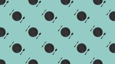 Desen. Pastel yeşil arka planda mutfak gereçleri. Çatal, kaşık, tabak. Yüzey uygulaması şablonu. Düz yatıyordu. Yatay görüntü. 3 boyutlu görüntü. 3B görüntüleme.