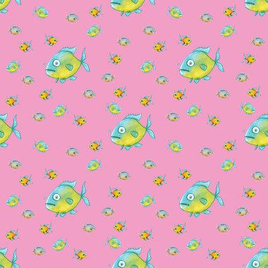 Kusursuz desen. Balıklarla dolu. Deniz ve nehir balığı. Kare resim.