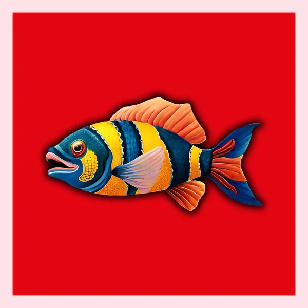 Bunte Fische Auf Rotem Hintergrund Mit Rahmen Quadratisches Bild — Stockfoto