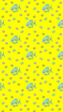 Desen. Balıklarla dolu. Deniz ve nehir balığı. Dikey resim.