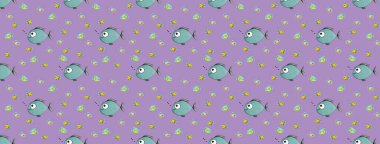 Desen. Balıklarla dolu. Deniz ve nehir balığı. Yatay görüntü. Siteye eklenmek için pankart.