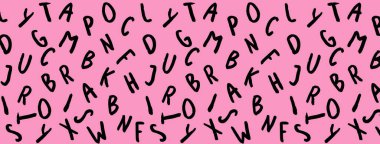 Klavye sembolleri ile şablon. Bir dizi mektup. Yüzey şablonu. Pastel mor arka plan. Yatay görüntü. Siteye eklenmek için pankart.