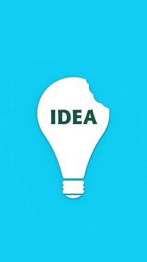 Üzerinde mavi bir arkaplan yazan beyaz ısırılmış bir ampul. Diş izleri bir fikri çalıyor. Çalıntı eser hırsızlığı. Başkalarının eserlerini kopyalamak. yatay görüntü. 3 boyutlu görüntü. 3B görüntüleme.