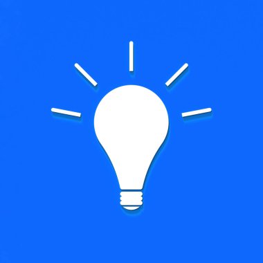 Mavi arka planda gölgesi olan beyaz, parlak bir ampul. Fikrin sembolü tasviri. Kare görüntü. 3 boyutlu görüntü. 3B görüntüleme.