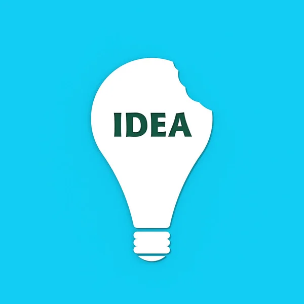 a white bitten light bulb with the inscription idea on a blue background. teeth marks stealing an idea. plagiarism. copying other people\'s works. horizontal image. 3D image. 3D rendering.