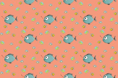 Desen. Balıklarla dolu. Deniz ve nehir balığı. Yatay resim.