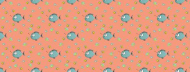 Desen. Balıklarla dolu. Deniz ve nehir balığı. Yatay görüntü. Siteye eklenmek için pankart.