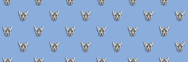 pattern with the image of a dog. pastel blue background. Horizontal image. Banner for insertion into site.
