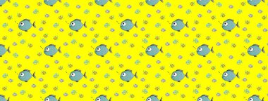 Kusursuz desen. Balıklarla dolu. Deniz ve nehir balığı. Yatay görüntü. Siteye eklenmek için pankart.