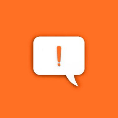 Beyaz bir mesaj panosunda turuncu ünlem işareti. Telefondaki alarm sinyali. Tehlike alarmı. Turuncu arkaplanda mesaj var. Kare görüntü. 3 boyutlu görüntü. 3B görüntüleme.