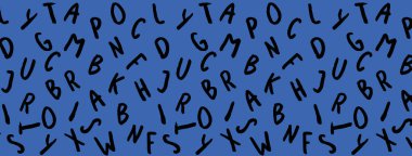 Klavye sembolleri ile şablon. Bir dizi mektup. Yüzey şablonu. mavi arka plan. Yatay görüntü. Siteye eklenmek için pankart.