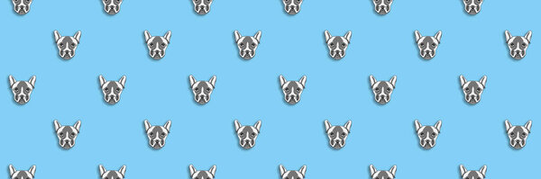 pattern with the image of a dog. pastel blue background. Horizontal image. Banner for insertion into site.