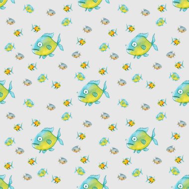 Kusursuz desen. Balıklarla dolu. Deniz ve nehir balığı. Kare resim.