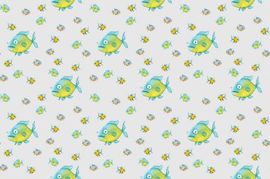 Kusursuz desen. Balıklarla dolu. Deniz ve nehir balığı. Yatay resim.